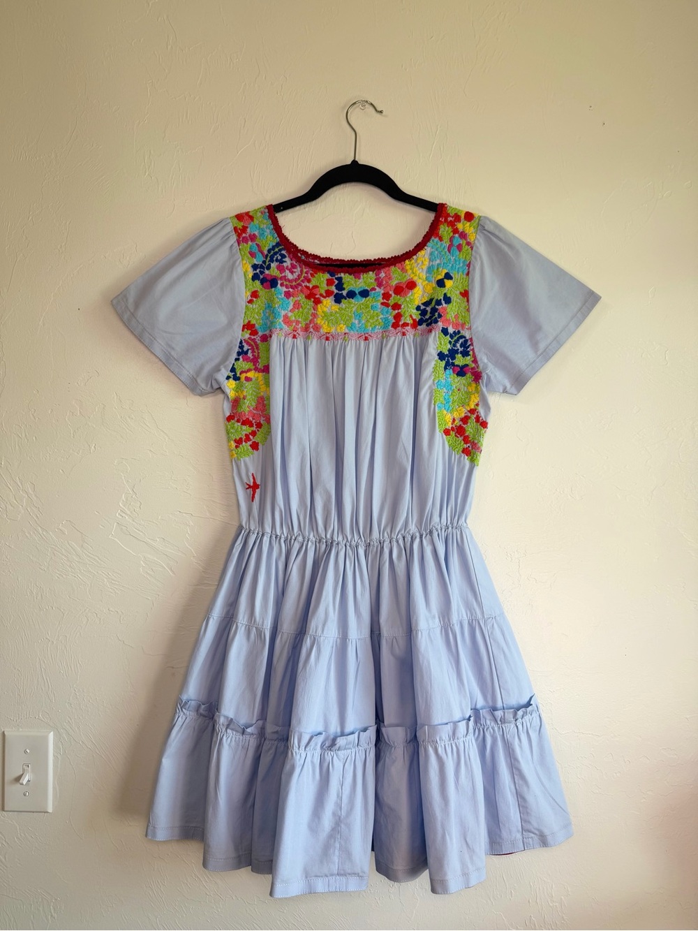 Mi Golondrina Embroidered Tiered Mini Dress Light Blue sz small